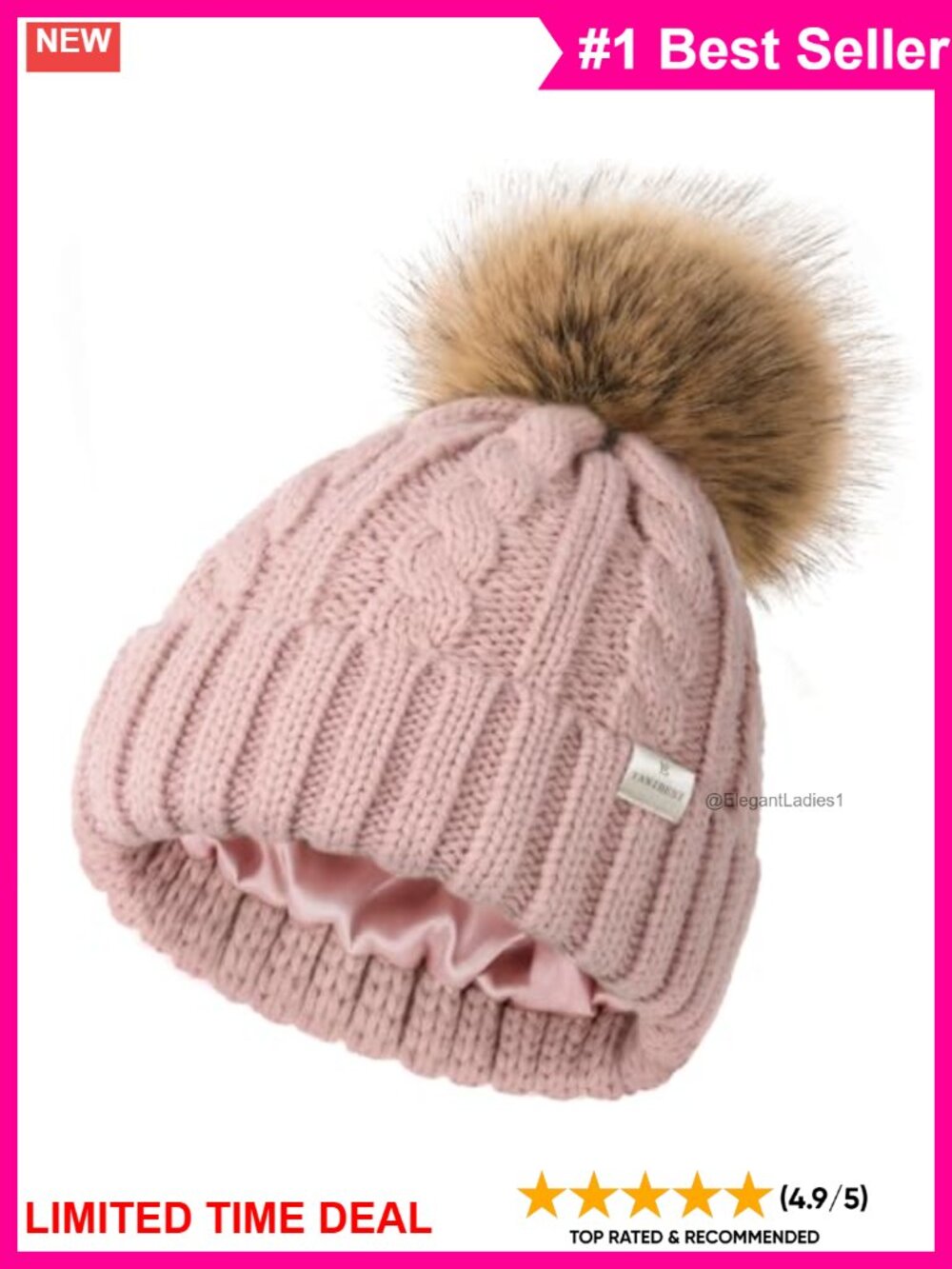 Satin Lined Knitted Beanie Winter Hat Detachable Faux Fur Pom Pom